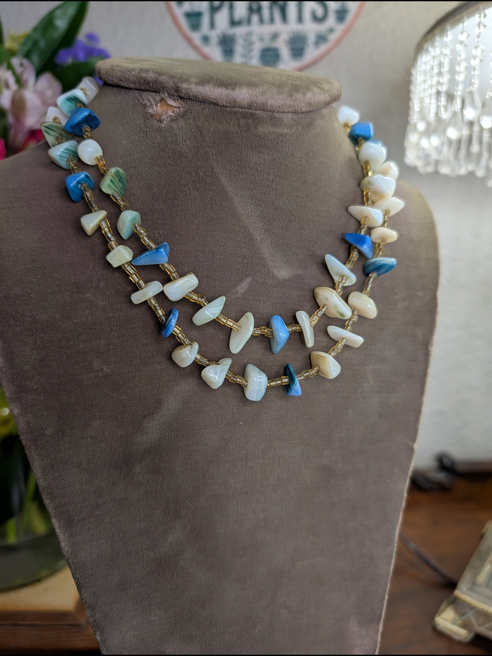 Vintage Blue & Cream Beaded Shell Mother Or Pearl Double-Strand  Necklace
